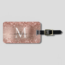 Rose Gold Glitter Brushed Metal Monogram Script Luggage Tag