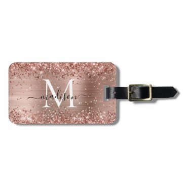 Rose Gold Glitter Brushed Metal Monogram Script Luggage Tag