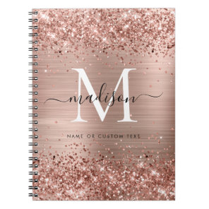 Rose Gold Glitter Brushed Metal Monogram Script Notebook
