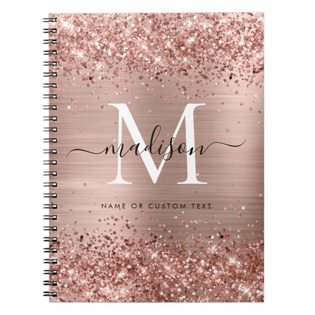 Rose Gold Glitter Brushed Metal Monogram Script Notebook (Front)