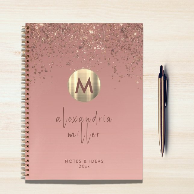 Rose Gold Glitter Brushed Metal Monogram Script Notebook (Creator Uploaded)