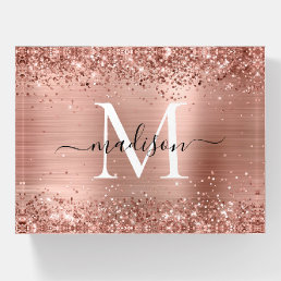 Rose Gold Glitter Brushed Metal Monogram Script  Paperweight