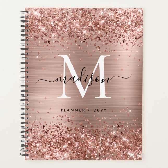 Rose Gold Glitter Brushed Metal Monogram Script Planner (Front)