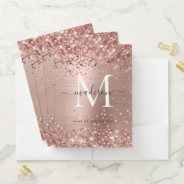 Rose Gold Glitter Brushed Metal Monogram Script Pocket Folder (In Situ)