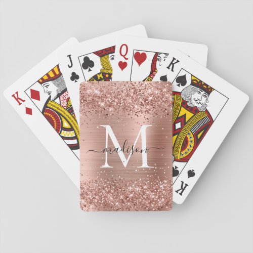 Rose Gold Glitter Brushed Metal Monogram Script Poker Cards