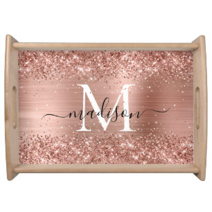 Rose Gold Glitter Brushed Metal Monogram Script Serving Tray