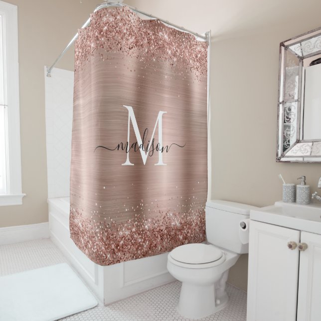 Rose Gold Glitter Brushed Metal Monogram Script Shower Curtain (In Situ)