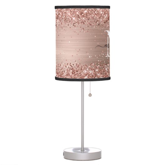 Rose Gold Glitter Brushed Metal Monogram Script Table Lamp (Left)