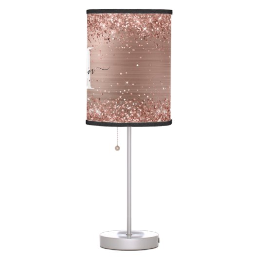 Rose Gold Glitter Brushed Metal Monogram Script Table Lamp (Right)