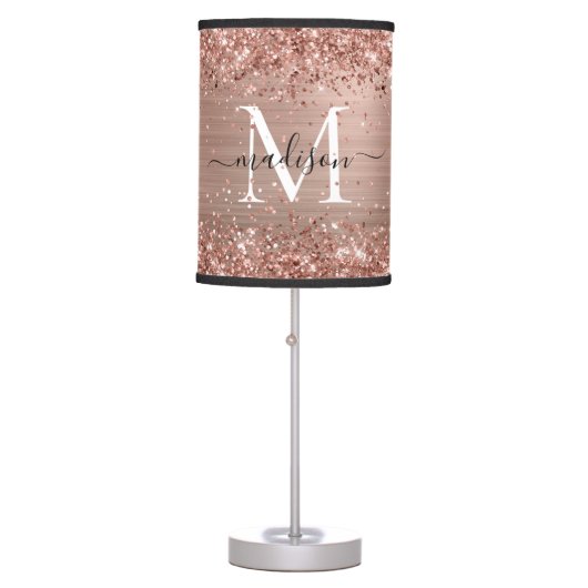 Rose Gold Glitter Brushed Metal Monogram Script Table Lamp (Front)