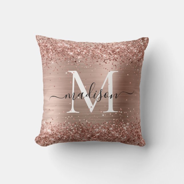 Rose Gold Glitter Brushed Metal Monogram Script Throw Pillow (Front)