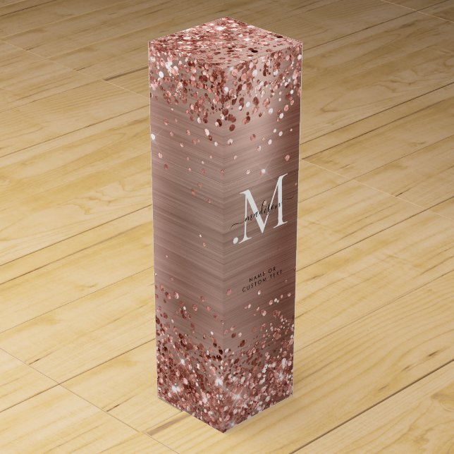 Rose Gold Glitter Brushed Metal Monogram Script Wine Box (Front)