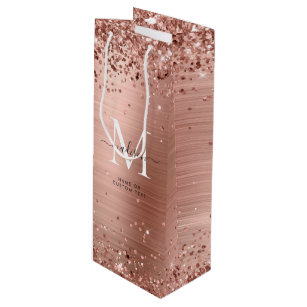 Rose Gold Glitter Brushed Metal Monogram Script Wine Gift Bag