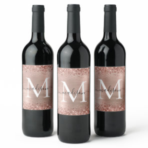Rose Gold Glitter Brushed Metal Monogram Script Wine Label