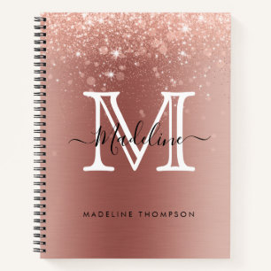 Rose Gold Glitter Brushed Metal Pink Monogram Notebook