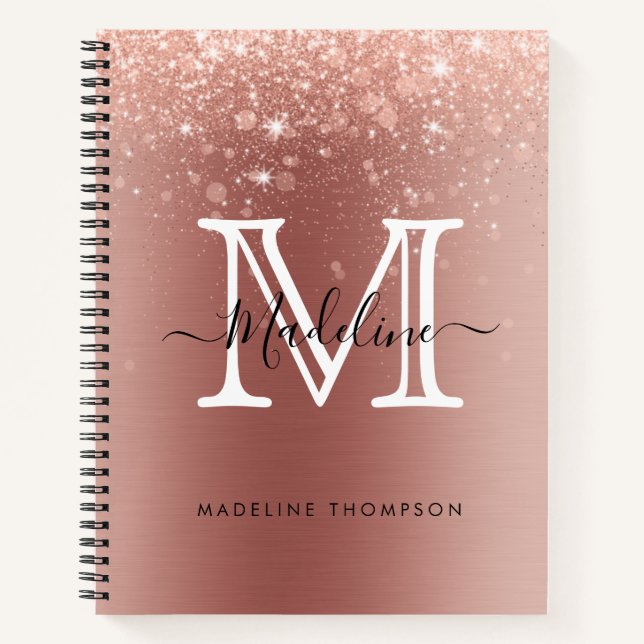 Rose Gold Glitter Brushed Metal Pink Monogram Notebook (Front)