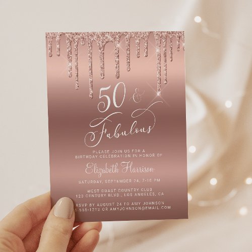 Rose Gold Glitter Budget 50th Birthday Invitation