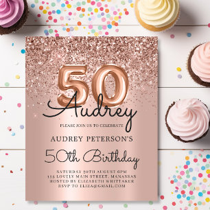 Rose Gold Glitter Budget 50th Birthday Invitation
