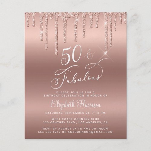 Rose Gold Glitter Budget 50th Birthday Invitation Flyer