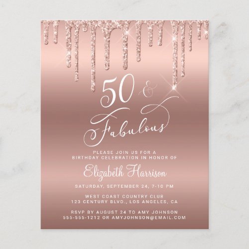 Rose Gold Glitter Budget 50th Birthday Invitation Flyer