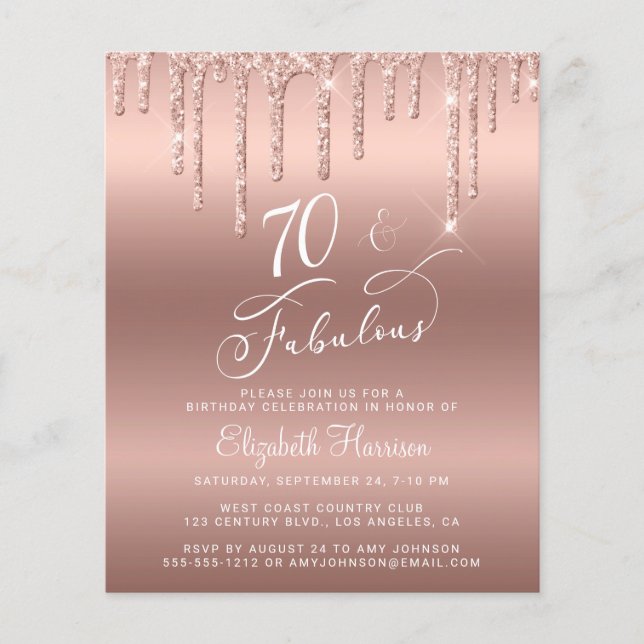 Rose Gold Glitter Budget 70th Birthday Invitation Flyer (Front)