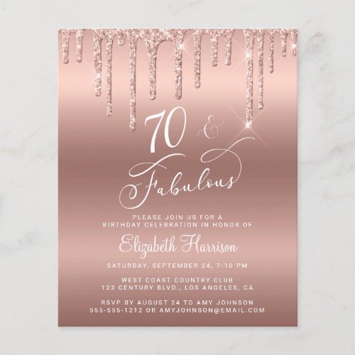 Rose Gold Glitter Budget 70th Birthday Invitation Flyer