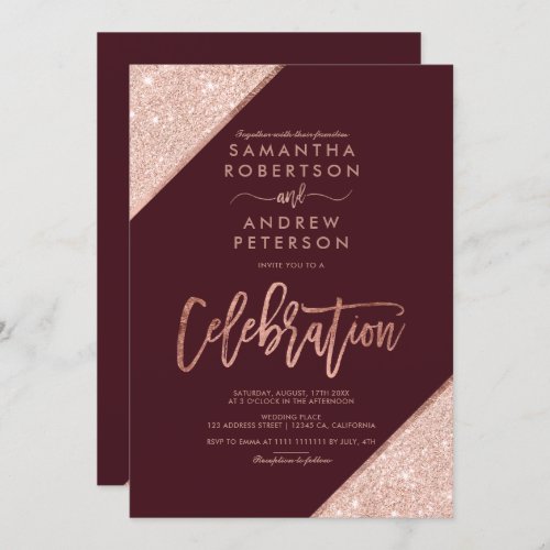 Rose gold glitter burgundy celebration wedding invitation
