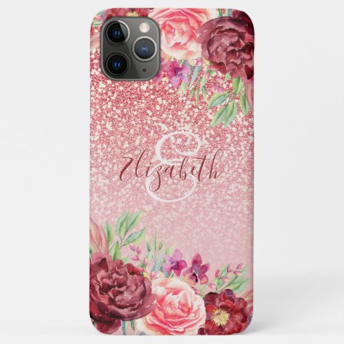 Rose Gold Glitter Burgundy Floral Personalized iPhone 11 Pro Max Case