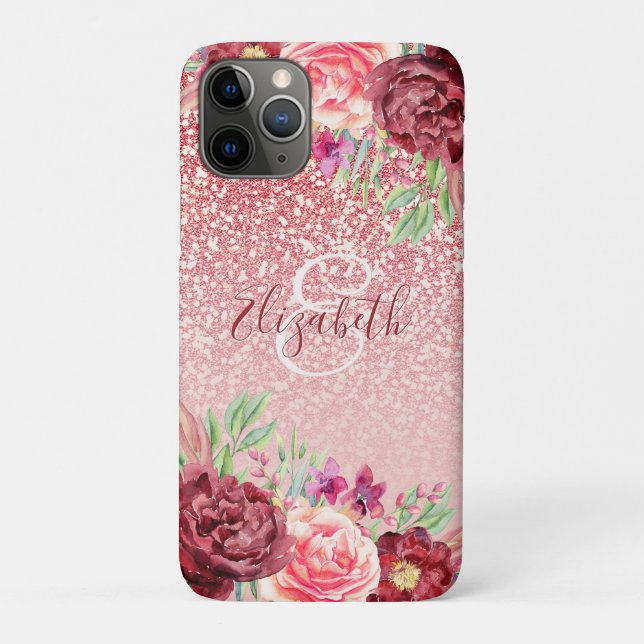 Rose Gold Glitter Burgundy Floral Personalized Case-Mate iPhone Case (Back)