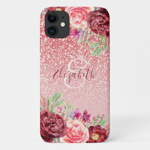 Rose Gold Glitter Burgundy Floral Personalized iPhone 11 Case