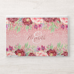 Rose Gold Glitter Burgundy Floral Personalized HP Laptop Skin