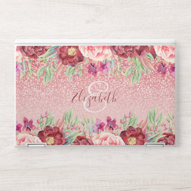 Rose Gold Glitter Burgundy Floral Personalized HP Laptop Skin (Front)
