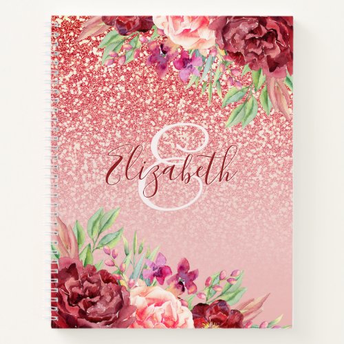 Rose Gold Glitter Burgundy Floral Personalized Notebook