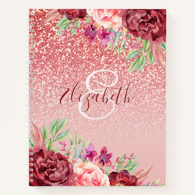 Rose Gold Glitter Burgundy Floral Personalized Notebook (Front)