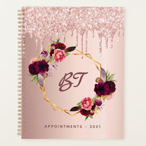 Rose gold glitter burgundy florals monogram 2024 planner