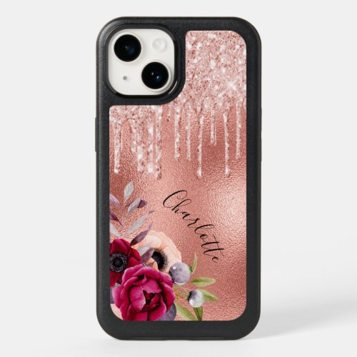 Rose gold glitter burgundy florals pink metallic OtterBox iPhone 14 case