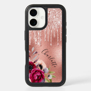 Rose gold glitter burgundy florals pink iPhone 16 case