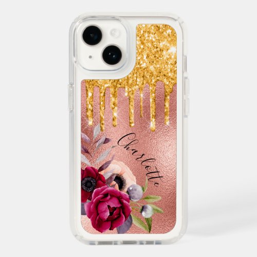 Rose gold glitter burgundy flowers name speck iPhone 14 case