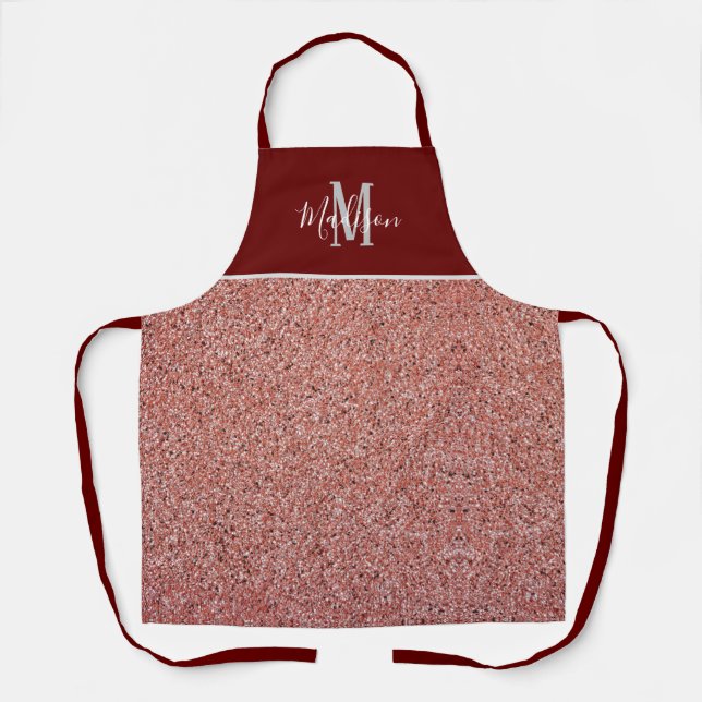 Rose Gold Glitter Burgundy Monogram Personalized Apron (Front)