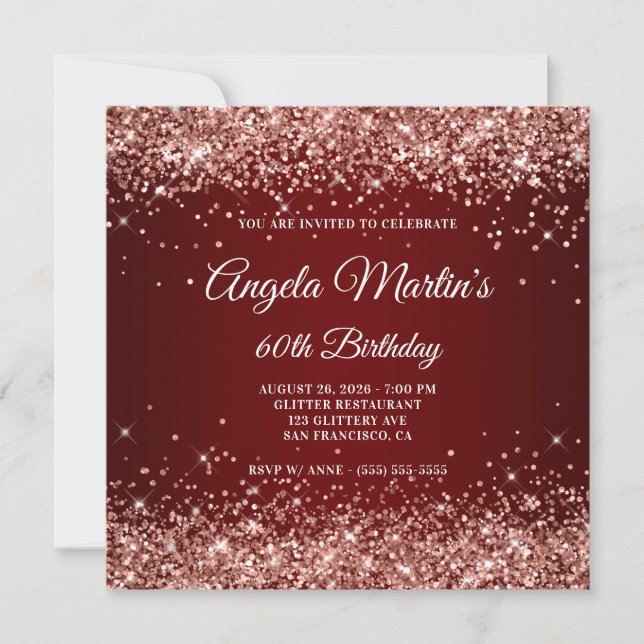 Rose Gold Glitter Burgundy Ombre 60th Birthday Invitation (Front)