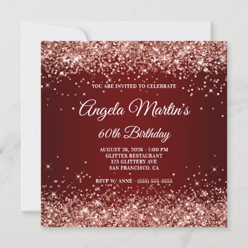 Rose Gold Glitter Burgundy Ombre 60th Birthday Invitation