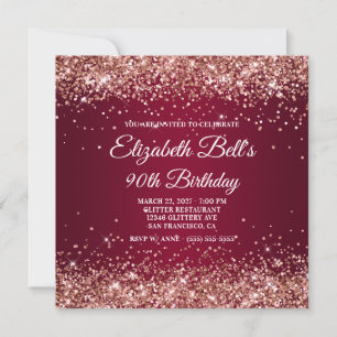 Rose Gold Glitter Burgundy Ombre 90th Birthday Invitation