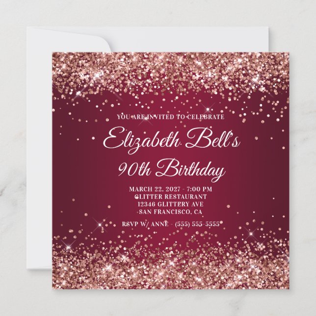 Rose Gold Glitter Burgundy Ombre 90th Birthday Invitation (Front)