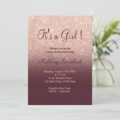 Rose gold glitter burgundy ombre girl baby shower invitation (Standing Front)