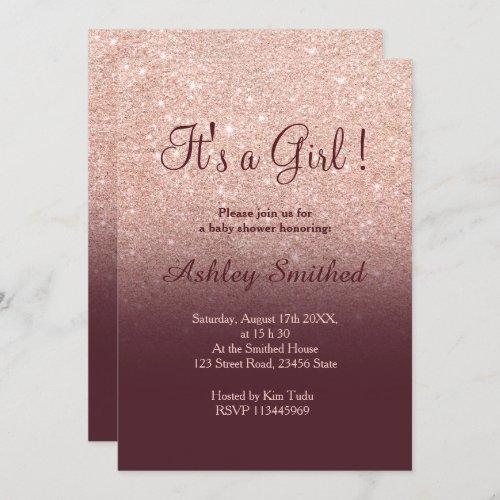 Rose gold glitter burgundy ombre girl baby shower invitation
