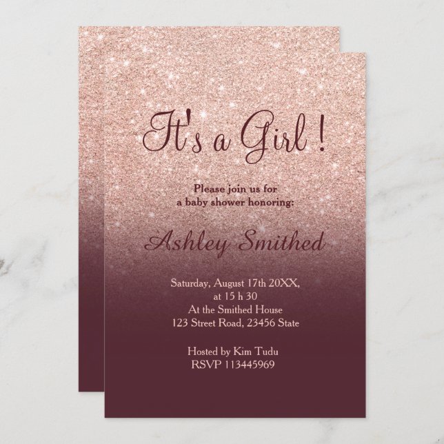 Rose gold glitter burgundy ombre girl baby shower invitation (Front/Back)