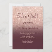 Rose gold glitter burgundy ombre girl baby shower invitation (Front)