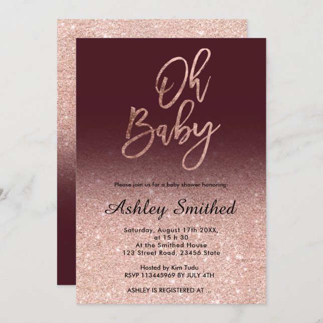 Rose gold glitter burgundy ombre Oh baby shower Invitation (Front/Back)