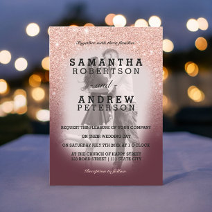 Rose gold glitter burgundy ombre photo wedding invitation