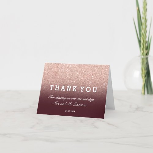 Rose gold glitter burgundy ombre Thank you wedding Card